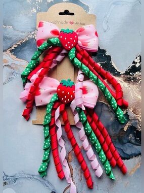 Handmade Pink & Red Strawberry Curlie Hair Bows for Kids
